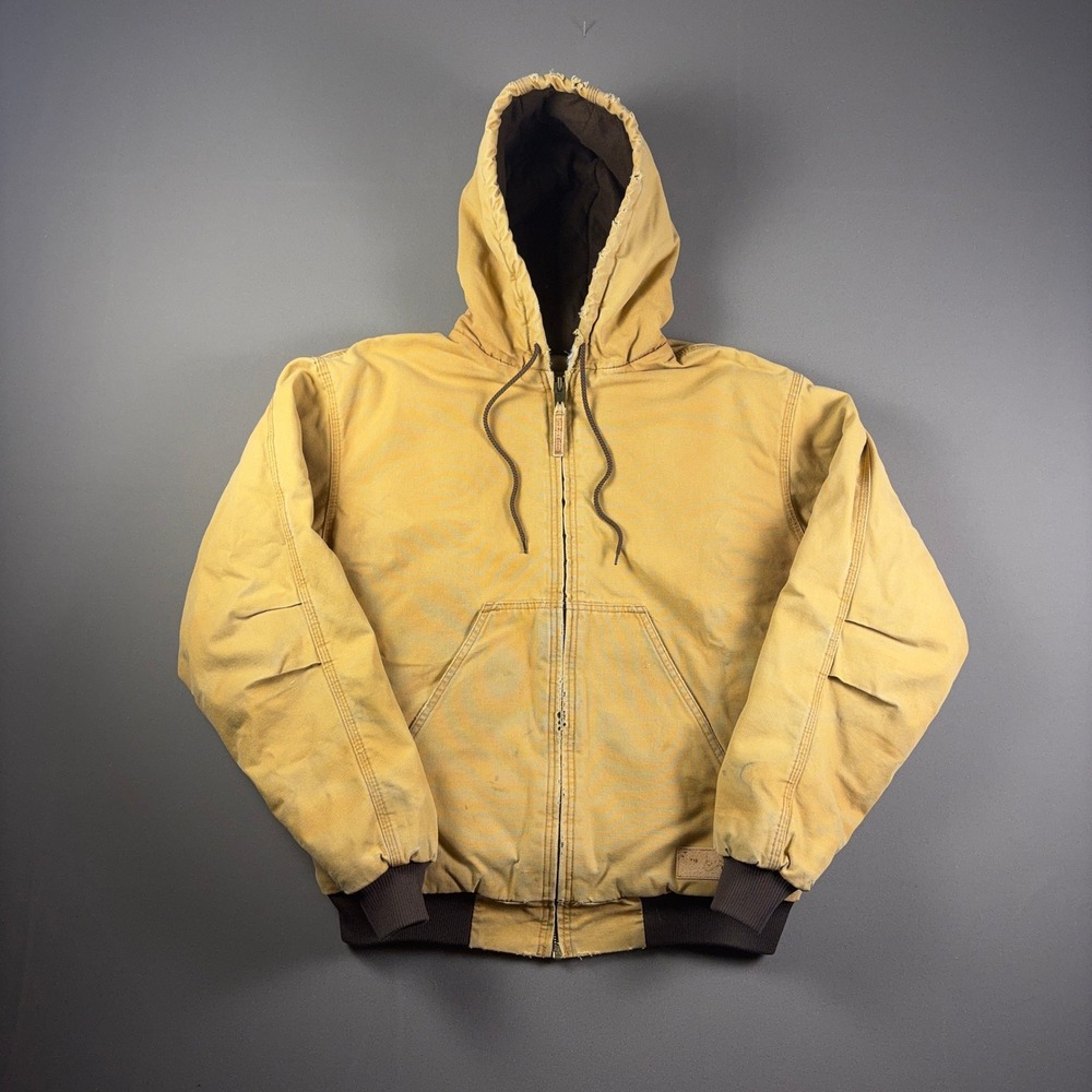 Schmidt Workwear Duck Canvas Hooded Bomber Jacket Yellow Distressed Mens Large